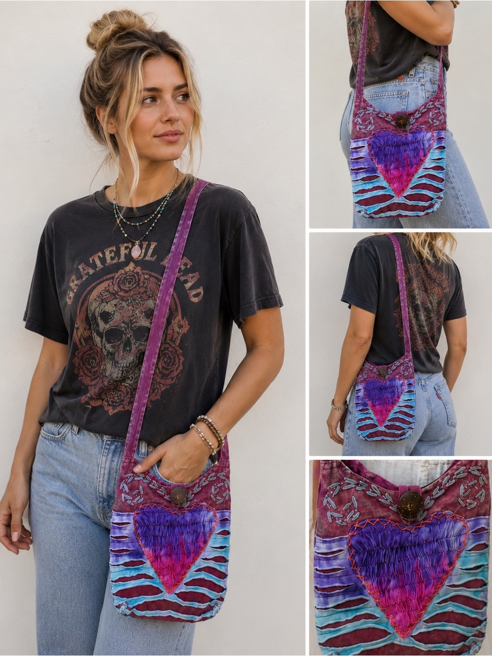 Kathmandu Imports Handmade Nepal Cotton Boho Heart Crossbody Festival Bag